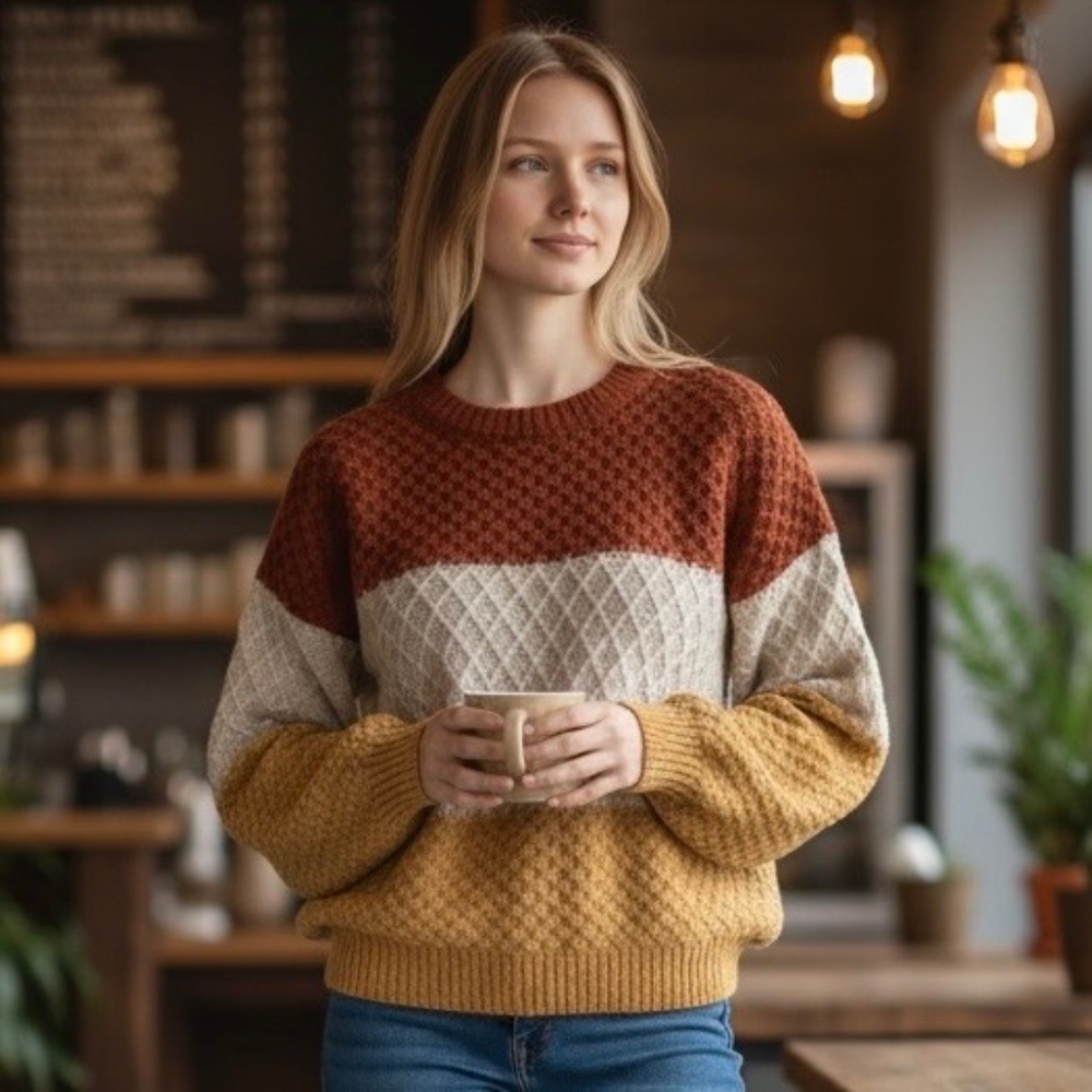 SHOP NEIGHBOR Fall ColorBlock Boxy Knit Sweater Lantern Sleeve Cream Gold Rust S
